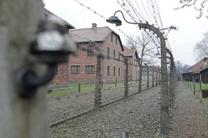 Blick-in-das-ehemalige-KZ-Auschwitz-links-baracken-des-lagers-umgeben-von-maschendrahtzaeunen-die-unter-strom-gesetzt-waren-es-sind-zwei-elektrozäaeune-die-diebaracken-von-anderen-gebaeuden-abtrennen-zwischen-den-monstern-aus-maschendraht-verlaeuft-ein-gang-für-die-waechter
