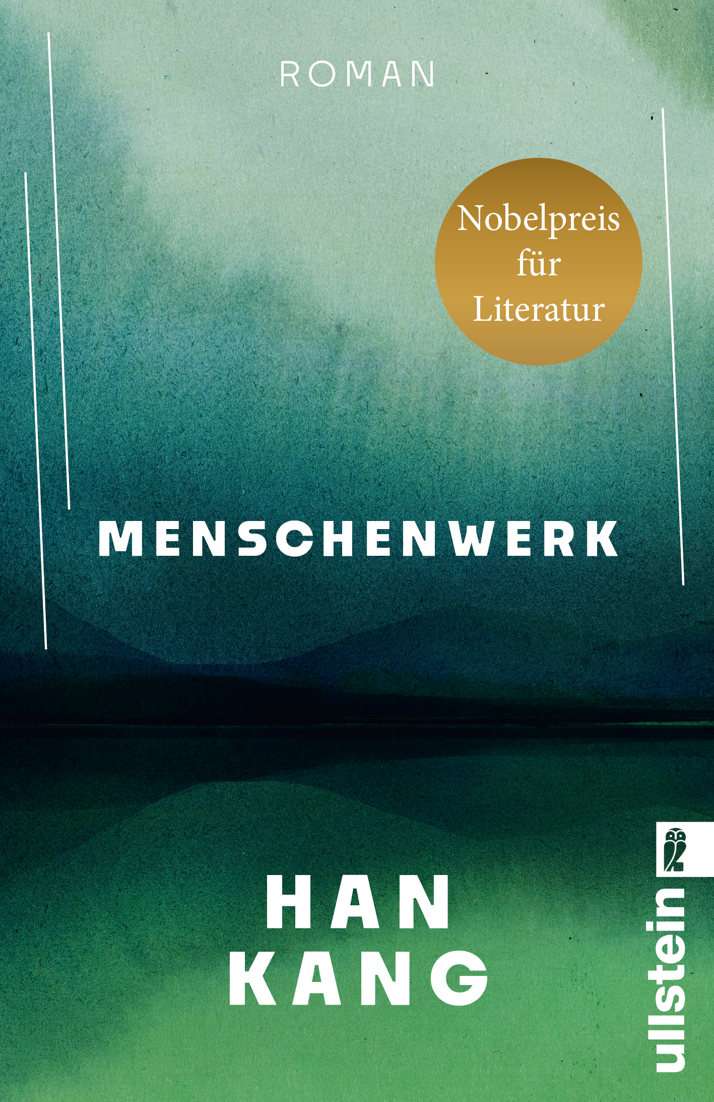 Cover von „Menschenwerk“ von Han Kang: Abstrakte grün-blaue Farbverläufe mit dunkler, spiegelnder Horizontlinie und dünnen weißen Linien.