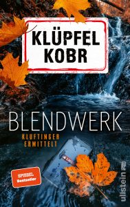 9783550202643 Cover von „Blendwerk“ von Klüpfel Kobr: dunkler Wasserfall und Fluss, herabfallende orange Herbstblätter, teilweise versunkenes Smartphone mit Like‑Symbol.